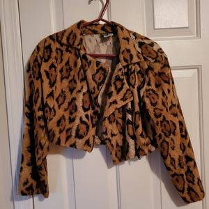 Faux leopard fur bomber jacket